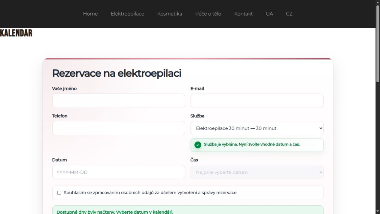Formulář VBeauty s vybranou službou Elektroepilace 30 minut a prázdnými poli osobních údajů